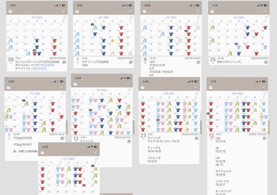 71歳からの自宅筋トレ継続を記録したカレンダー（2025年3月〜11月）