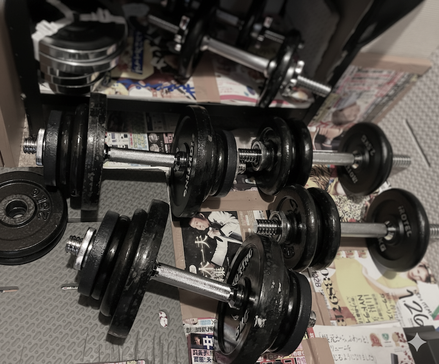 20年以上かけて買い足したダンベルプレートの寄せ集め。メーカーも重量もバラバラなまま増え続けた、71歳の自宅ジムの歴史。